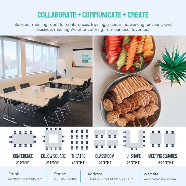 Need a place to hold your next meeting? 

Our meeting room is the perfect space for you. It's spacious, accommodating, filled with natural light and includes all the necessary amenities for a successful meeting. We also offer catering services for your convenience.

For bookings call +61385986700 or email us at book@cosmostkilda.com

#stayatcosmostkilda #visitstkilda #cosmopolitanhotel #hotelinstkilda #cosmopolitanhotelstkilda #stkilda #hotel #meetingroom #eventroom #conferenceroom #luxuryaccommodation #luxuryhotel #melbourne#corporate
